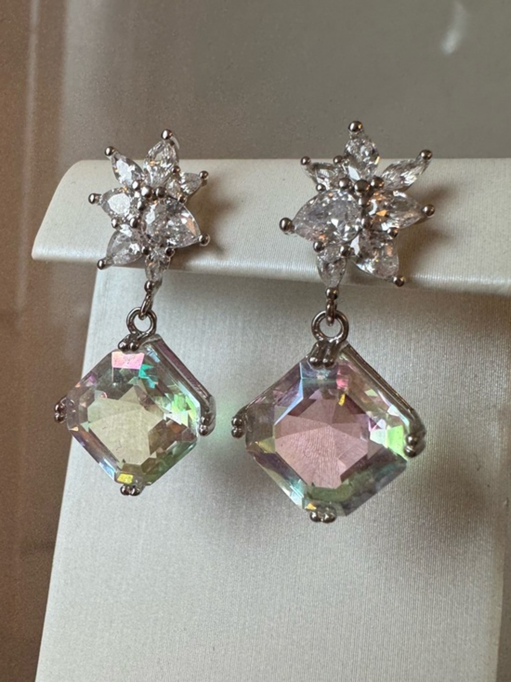 S925 mystic clear topaz quartz earrings asscher cut gem 4 carats each AB crystal - Picture 1 of 3